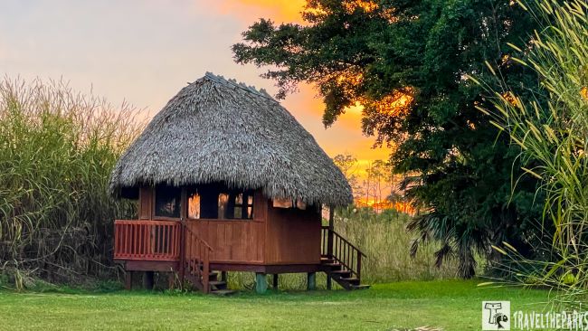 A wooden hut with a thatched roof in a grassy area, set against a sunset background at Trail Lakes
