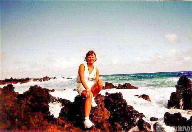 Keanae Peninsula Coastline: Person sitting on volcanic rocks by a foamy ocean.