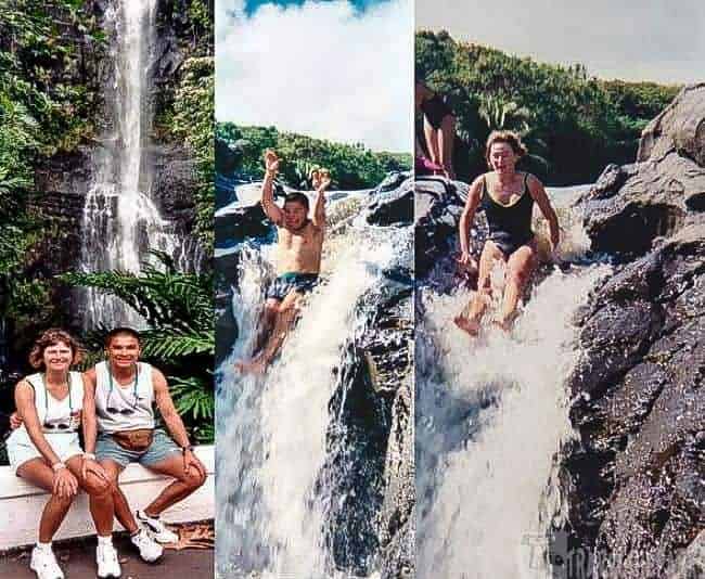 Wailua Falls ‘Ohe’o Gulch Waterslide: Collage of waterfalls with a couple sitting, a man jumping, and a woman sliding down rocks.