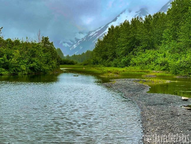 Portage River flanked by green trees with snow-capped mountains in the background.