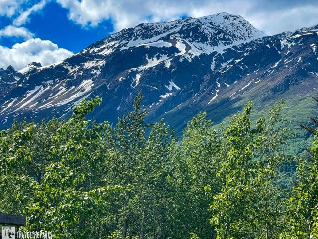  Glenn Highway Road Trip Guide 
 Mountain landscape with snow-capped peaks and green trees under a partly cloudy sky.