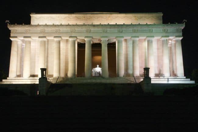 Lincoln Memorial illuminated at night.