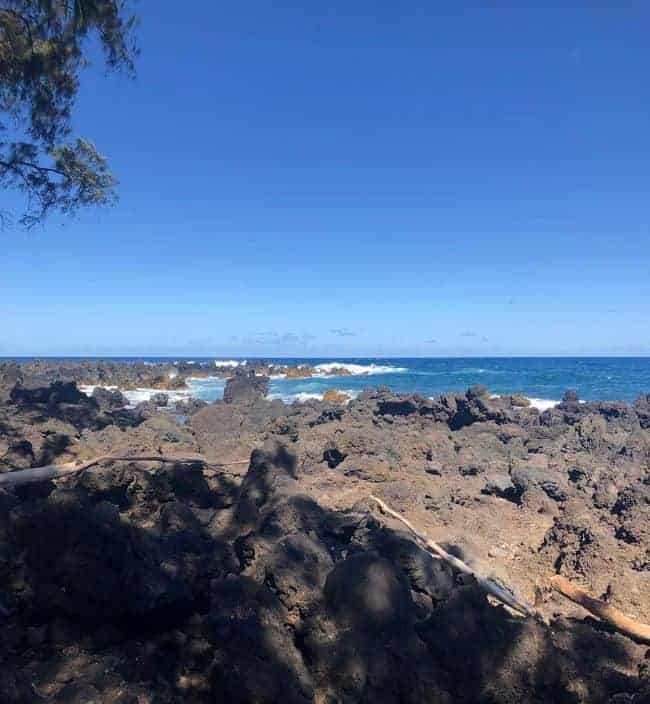 Rocky coastal landscape with ocean and clear blue sky in Maui.