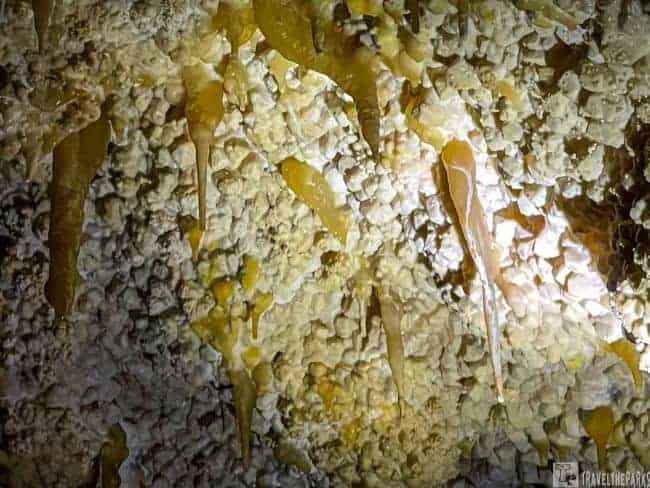 Close-up of rock formations in Jewel Cave National Park featuring crystalline textures and amber stalactites.